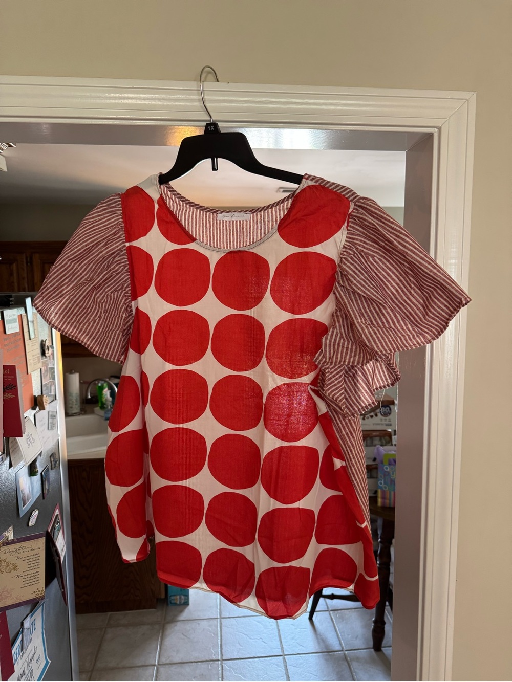 Chic Soul Red & White Mixed-Print Dot and Stripe Blouse